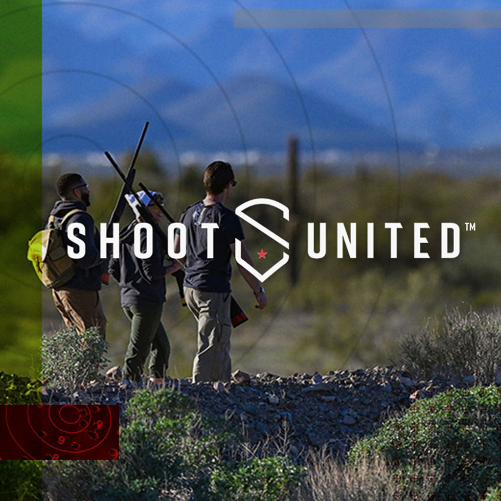 Shoot United logo over an image of 3 friends carrying shotguns walking through a desert landscape.